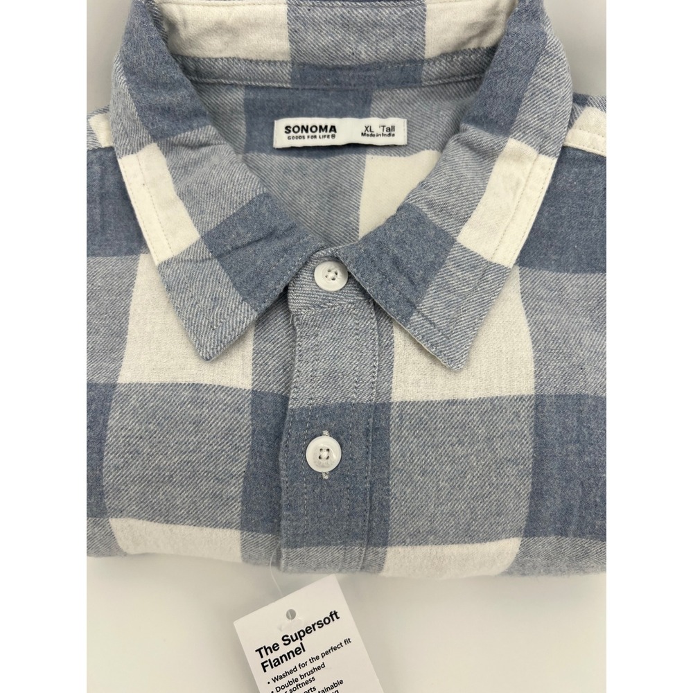 Flannel Shirt Blue White Buffalo Plaid Sonoma Goods for Life XL TAll Mens